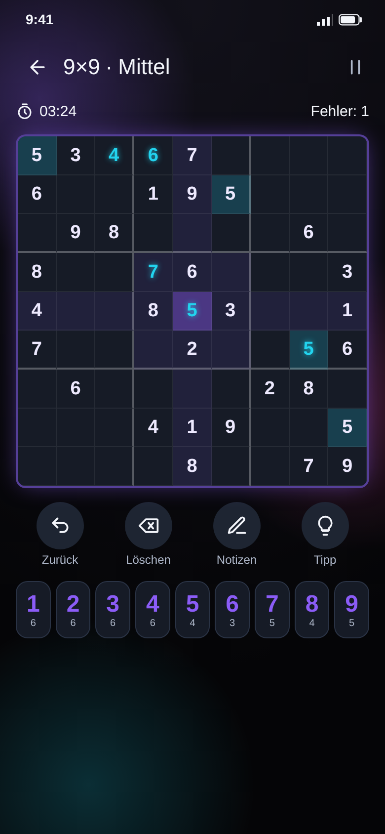 Laufendes 9×9-Sudoku in Mittel mit Timer, Fehlerzähler, Notizen und Tipp