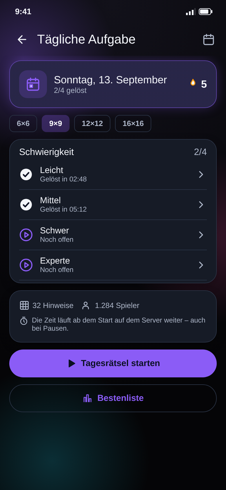 Tägliche Aufgabe mit vier Größen, vier Schwierigkeitsgraden und gelösten Zeiten